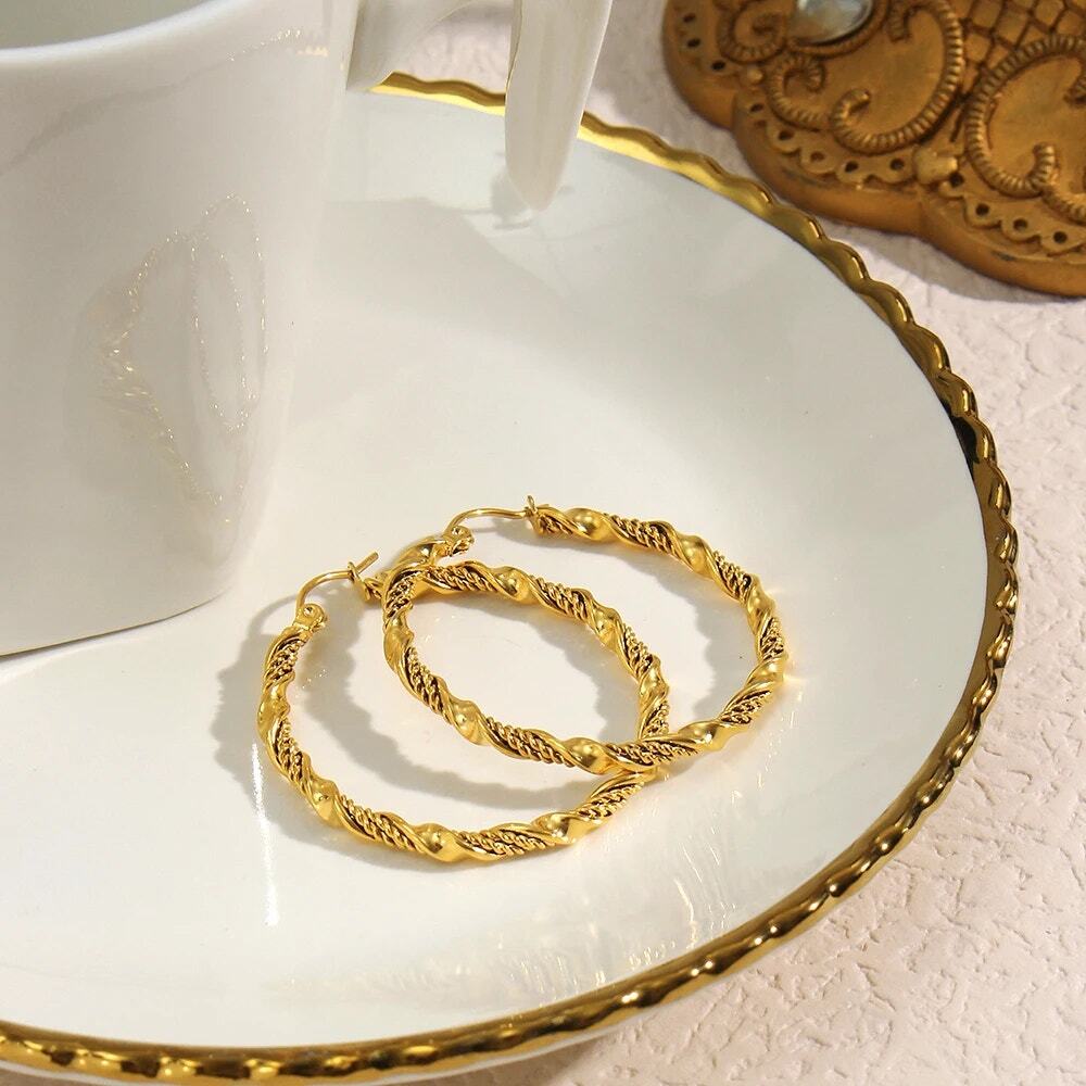 Large Twisted 18K Gold-Plated Hoop Earrings - Picture 5 of 11